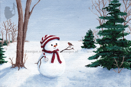 kunst kaart sneeuwpopje met roodborstje